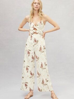 Rebecca Taylor Floral Cutout Wide-Leg Jumpsuit in Cream